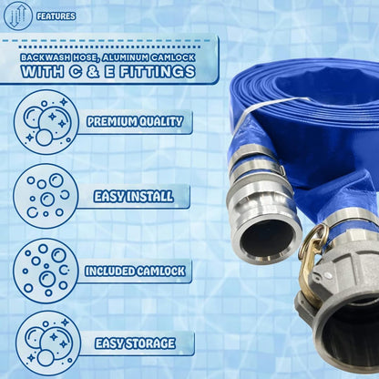 Poolzilla Industrial PVC Backwash Hose with Aluminum Camlock  Fittings for 2" Fit, Multiple Length Sizes Available