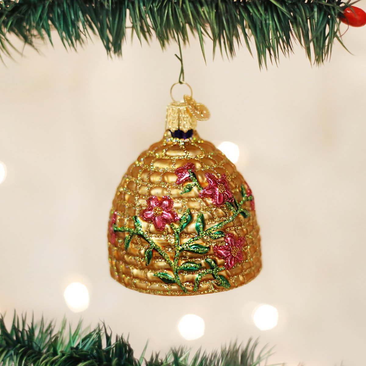 Old World Christmas Bee Skep Glass Blown Ornament for Christmas Tree, Handcrafted Holiday Decoration, Bee Collection