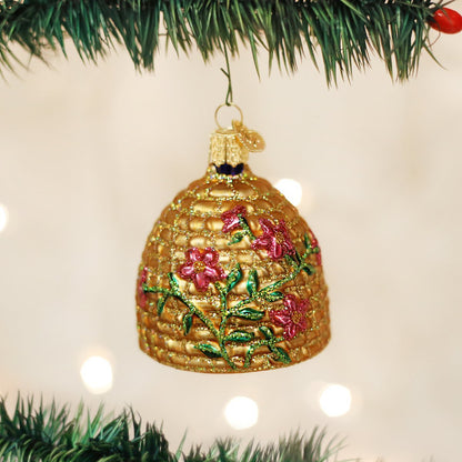 Old World Christmas Bee Skep Glass Blown Ornament for Christmas Tree, Handcrafted Holiday Decoration, Bee Collection