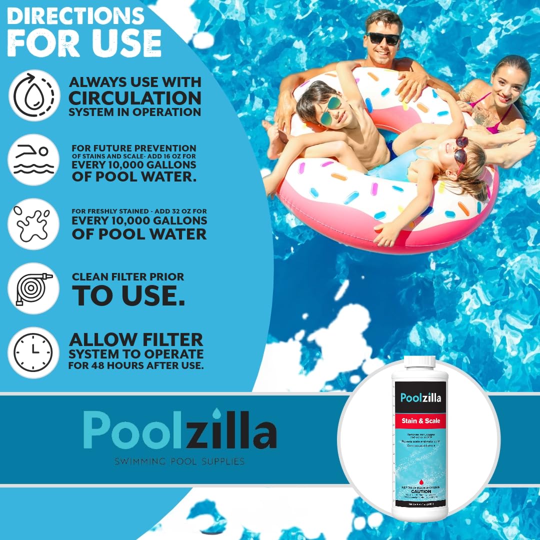 Poolzilla Stain & Scale (1QT) Removes Iron, Copper & Other Metals, Prevents Staining