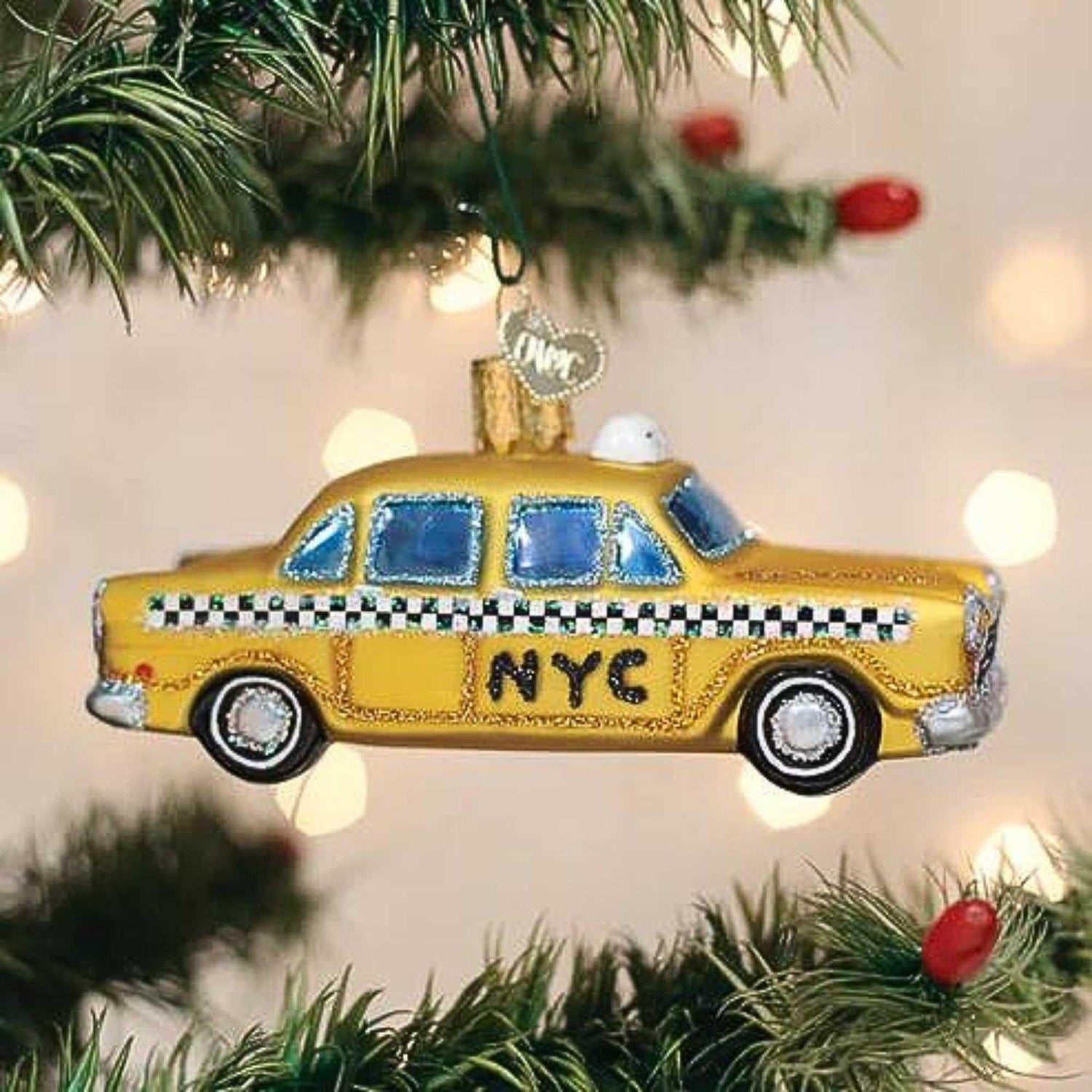 Old World Christmas NYC Taxi Glass Blown Ornament for Christmas Tree, Handcrafted Holiday Decoration, Transportation Collection