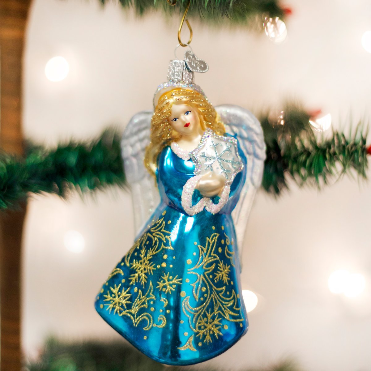 Old World Christmas Glistening Snowflake Angel Glass Blown Ornament for Christmas Tree, Handcrafted Holiday Decoration, Religion Collection