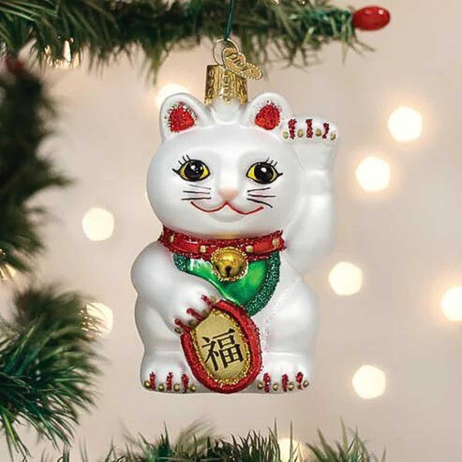 Old World Christmas Lucky Cat Glass Blown Ornament for Christmas Tree, Handcrafted Holiday Decoration, Chinese Collection