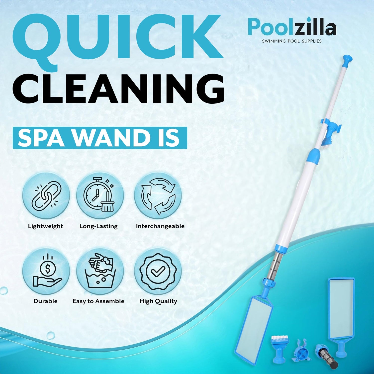 Poolzilla Spa Wand for Cleaning Pools and Spas, 3 Interchangeable Nozzles, Collect Dirt, Debris & More