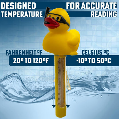 Poolzilla Duck Dispenser with Thermometer - Tablet Floater with Adjustable Collar Design and Easy Read String Thermometer