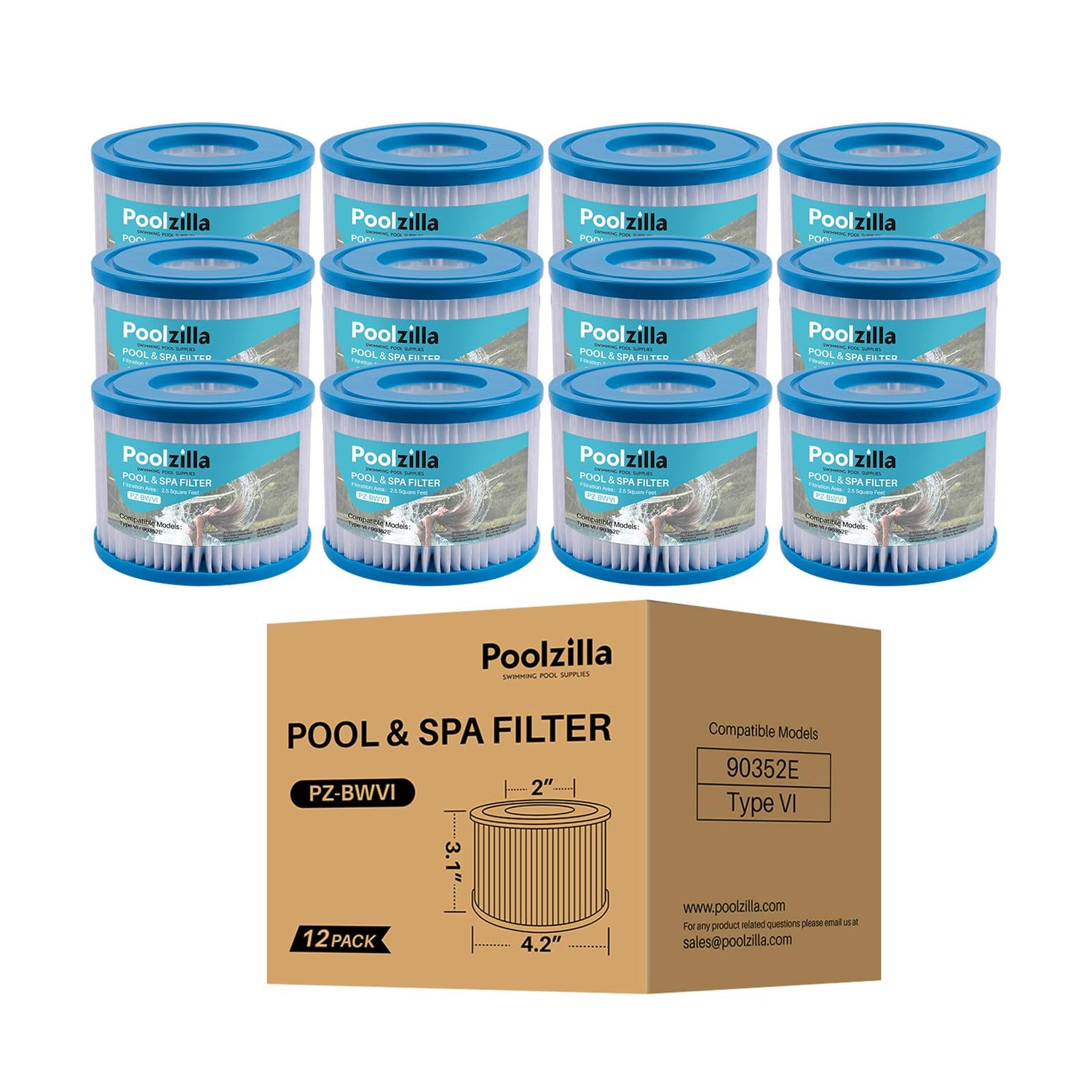Poolzilla  Spa Filter Cartridge | Bestway Type VI, 29001E, Coleman SaluSpa 90352E, 58323E, 58323, 58324,SUNSET FILTERS VI, Volca Spares Size VI, Lay-Z Spa | 12-Pack