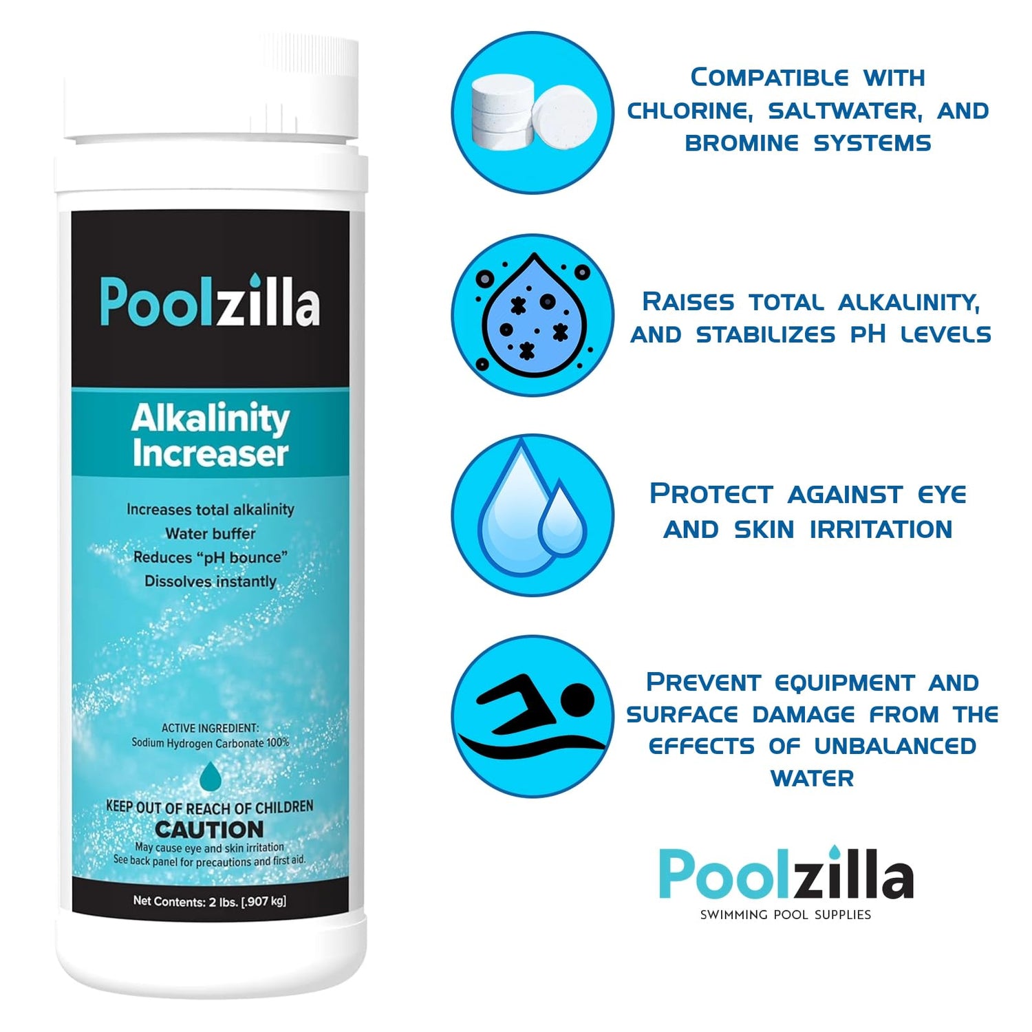 Poolzilla Pool Alkalinity Increaser (2 LBS) Restore pH Balance and Enhance Water Clarity