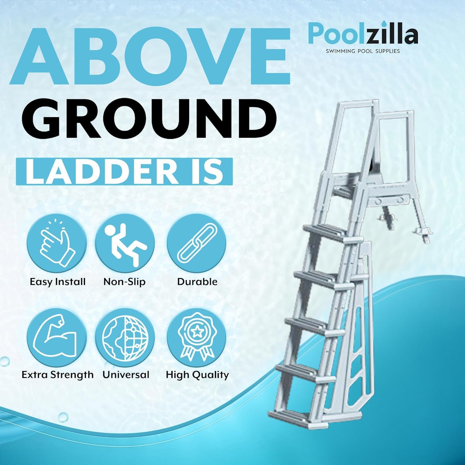 Poolzilla Pool Step Ladder for Above Ground Pools - Deck Mounted Ladder w/Wide Non Skid Platform - for 48’’ to 54’’ in. Above Ground Pools