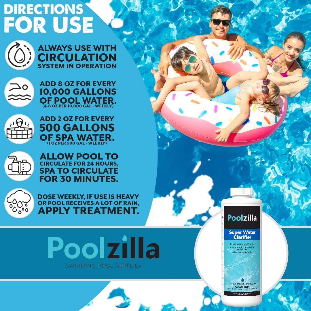 Poolzilla Super Water Clarifier (1 QT) Concentrated Solution for Pools and Spas