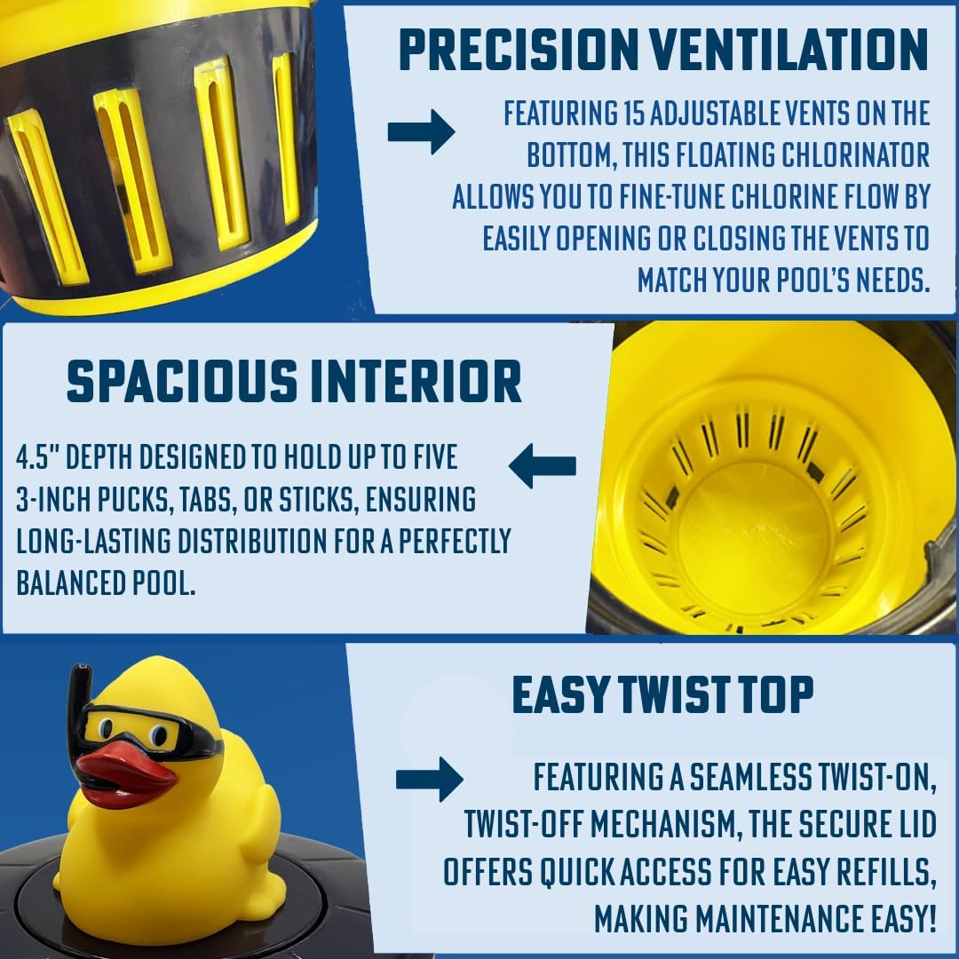 Poolzilla Duck Dispenser with Thermometer - Tablet Floater with Adjustable Collar Design and Easy Read String Thermometer