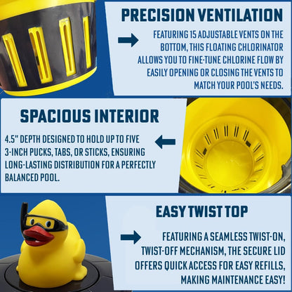 Poolzilla Duck Dispenser with Thermometer - Tablet Floater with Adjustable Collar Design and Easy Read String Thermometer