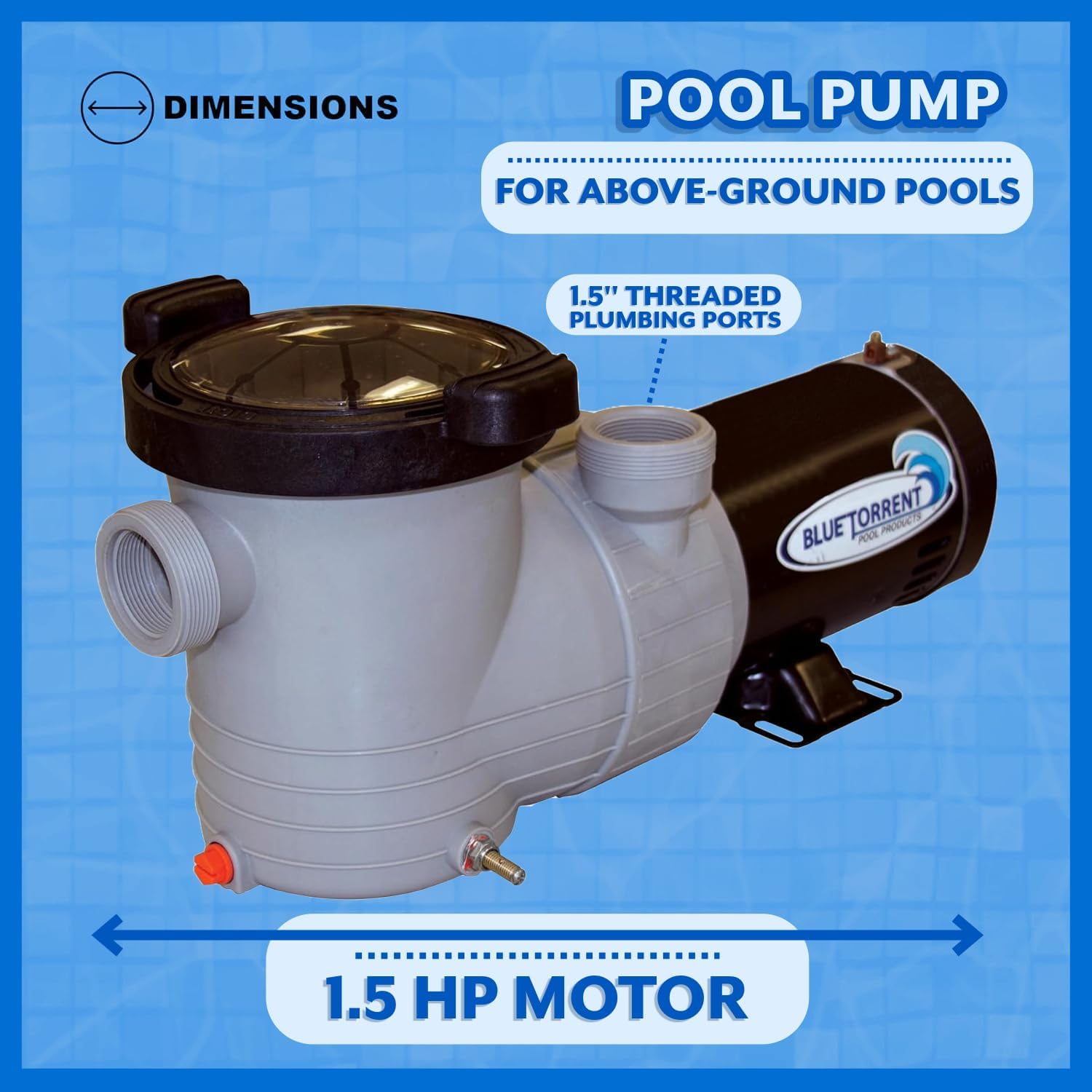 Poolzilla 1.5HP Pool Pump For Above Ground Pools With Dual-Port Discharge and Pre-Bonded HLT