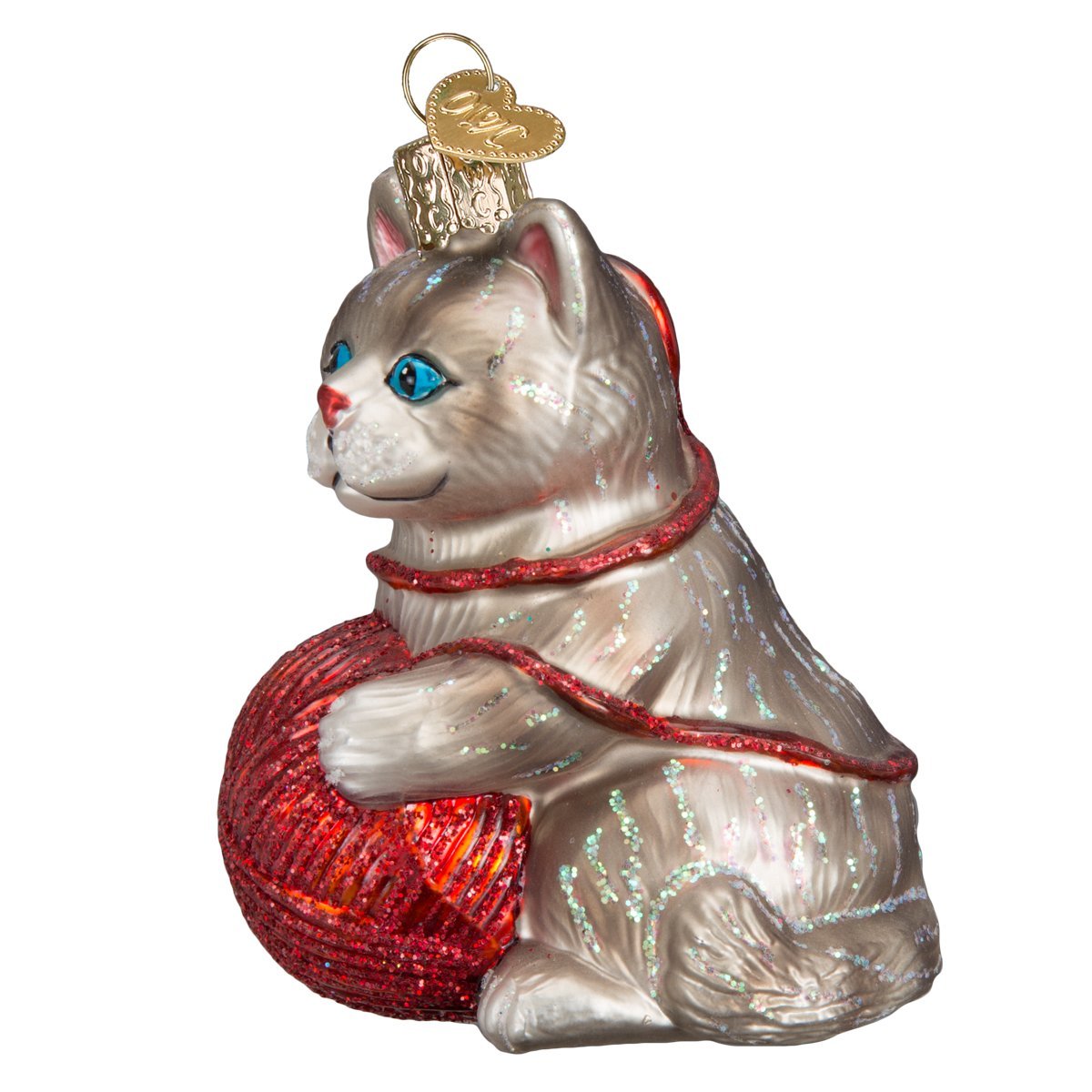Old World Christmas Ornaments Grey/Red Playful Kitten Glass Blown Ornaments for Christmas Tree