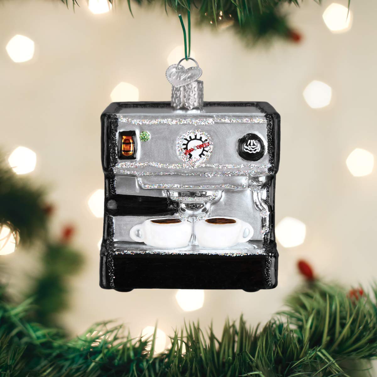 Old World Christmas Espresso Machine Glass Blown Ornament for Christmas Tree, Handcrafted Holiday Decoration, Coffee Collection