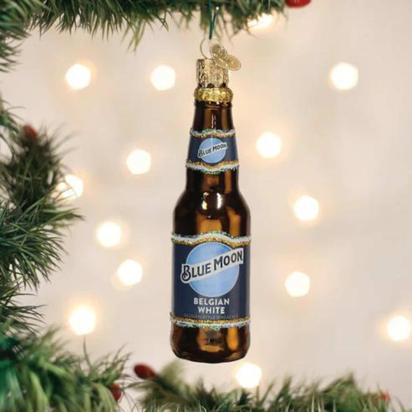 Old World Christmas Blue Moon Bottle Glass Blown Ornament for Christmas Tree, Handcrafted Holiday Decoration, Beer Collection