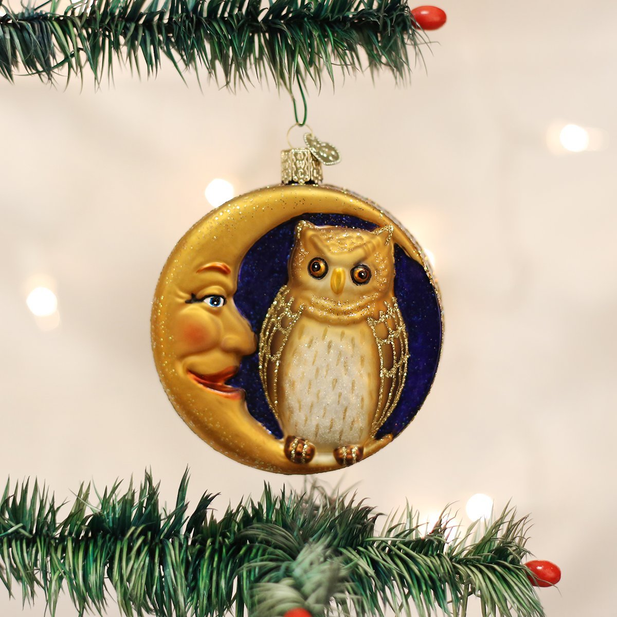 Old World Christmas Owl in Moon Glass Blown Ornament for Christmas Tree, Handcrafted Holiday Decoration, Halloween Collection