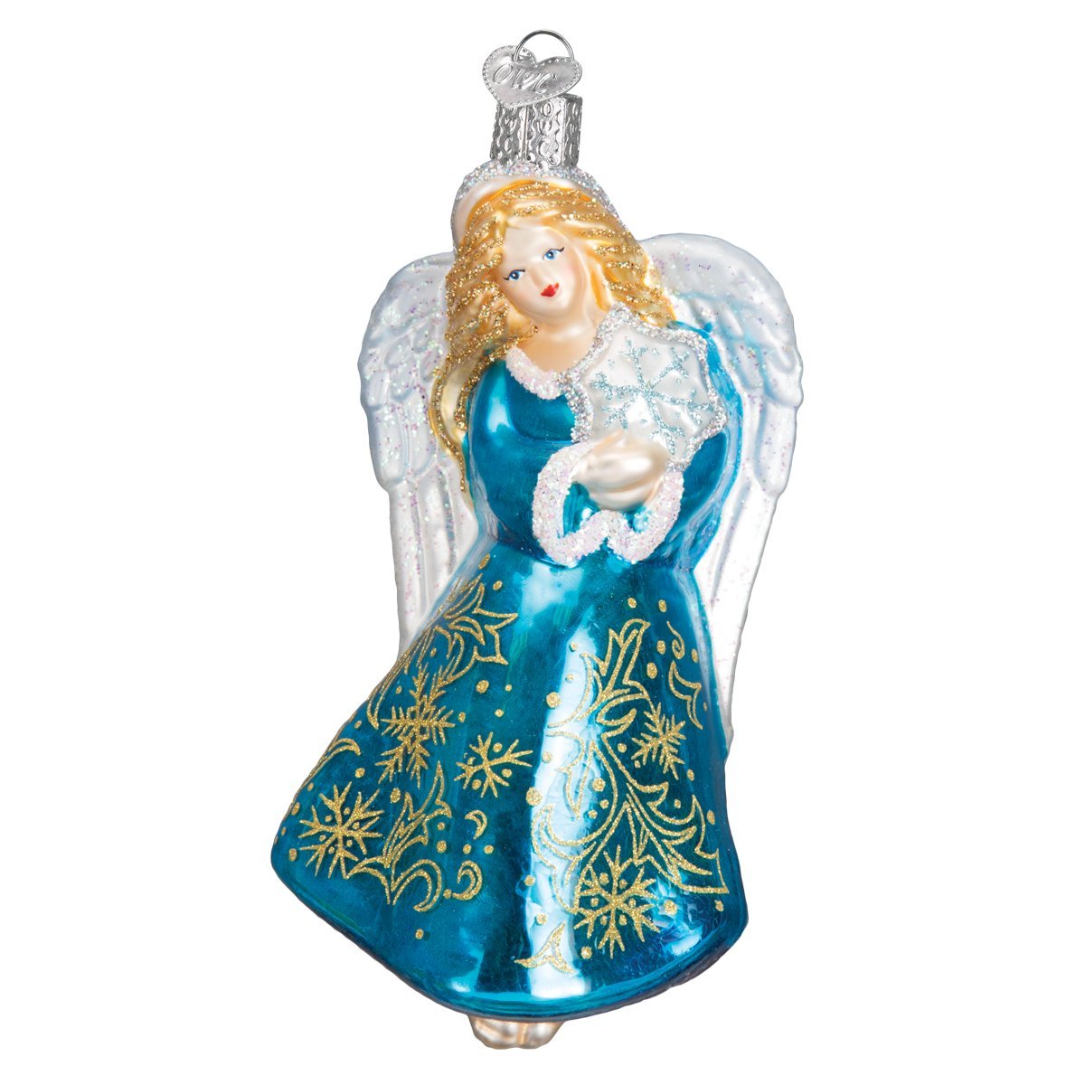 Old World Christmas Glistening Snowflake Angel Glass Blown Ornament for Christmas Tree, Handcrafted Holiday Decoration, Religion Collection