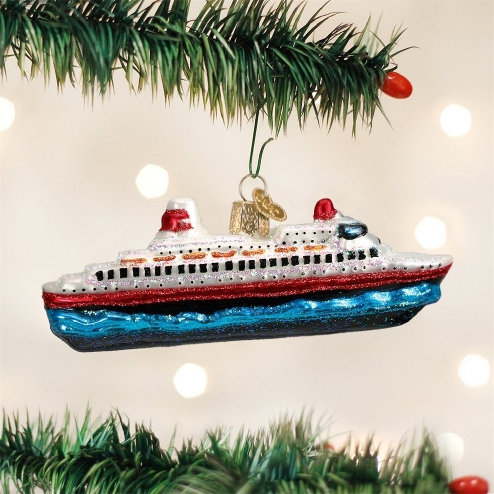 Old World Christmas Cruise Ship Glass Blown Ornament for Christmas Tree, Handcrafted Holiday Decoration, Travel Collection