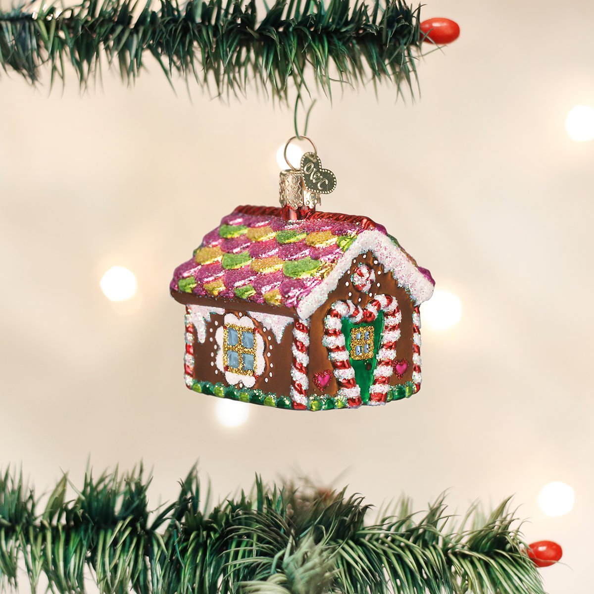 Old World Christmas Ornaments: Gingerbread Collection Glass Blown Ornaments for Christmas Tree, Gingerbread House, 20013, 2.25" x 2.25" x 2.25", Brown, Red, Green, White