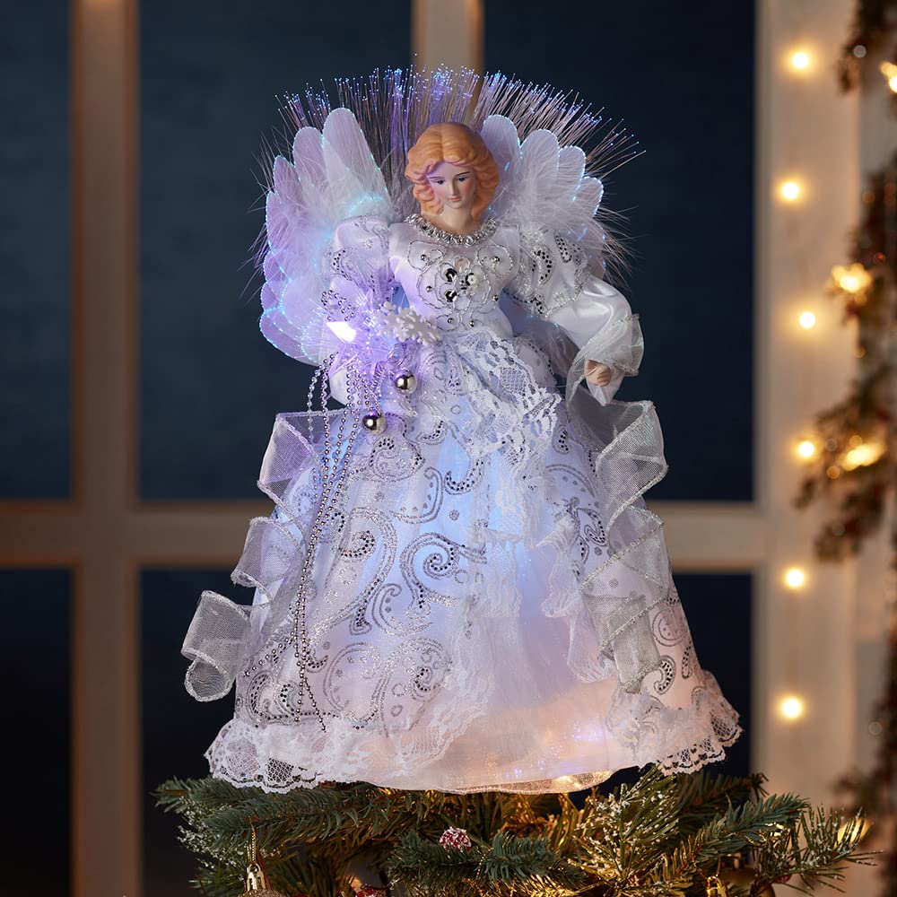 Kurt Adler CUL Fiber Optic LED Angel Christmas Treetop Figurine, 12-Inch, White and Silver