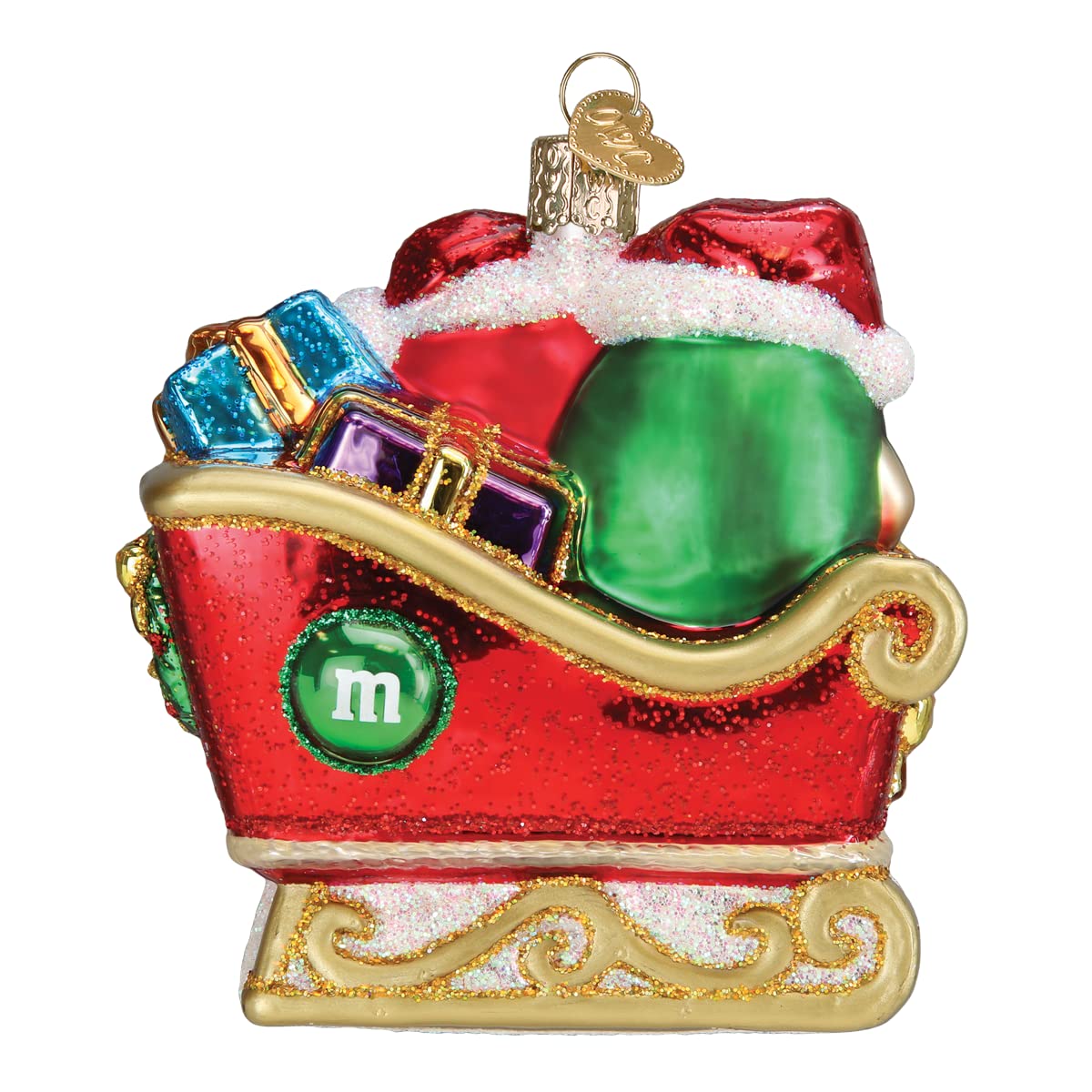 Old World Christmas M&M'S in Sleigh Glass Blown Ornament for Christmas Tree, Handcrafted Holiday Decoration, M&Ms Collection