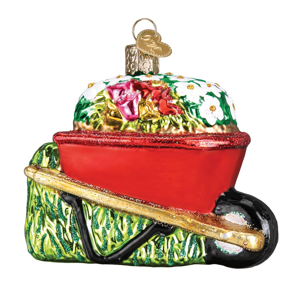 Old World Christmas Wheelbarrow with Flowers Glass Blown Ornament for Christmas Tree, Handcrafted Holiday Decoration, Garden Collection