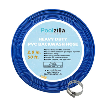 Poolzilla Heavy Duty Swimming Pool Backwash Hose | 2"x50' | Blue | Includes Steel Clamp