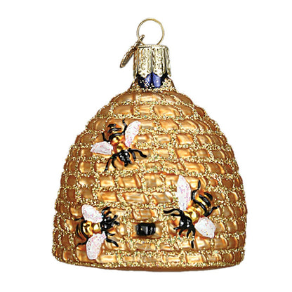 Old World Christmas Bee Skep Glass Blown Ornament for Christmas Tree, Handcrafted Holiday Decoration, Bee Collection