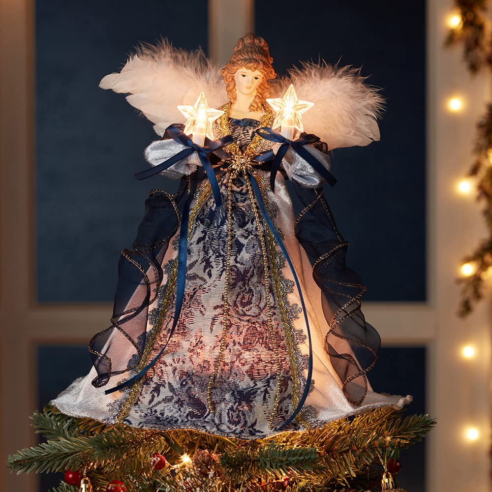 12-Inch UL 10-Light Delft Blue with Gold Angel Tree Topper