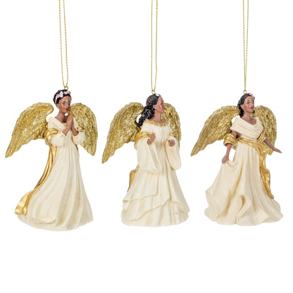 Kurt Adler IVORY AND GOLD AFRICAN AMERICAN ANGEL ORNAMENT - 3 ASSORTED