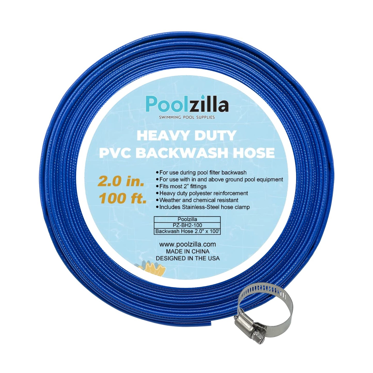 Poolzilla Heavy Duty Swimming Pool Backwash Hose | 2"x100' | Blue | Includes Steel Clamp