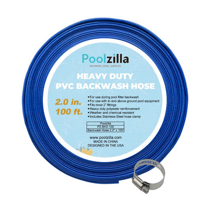 Poolzilla Heavy Duty Swimming Pool Backwash Hose | 2"x100' | Blue | Includes Steel Clamp
