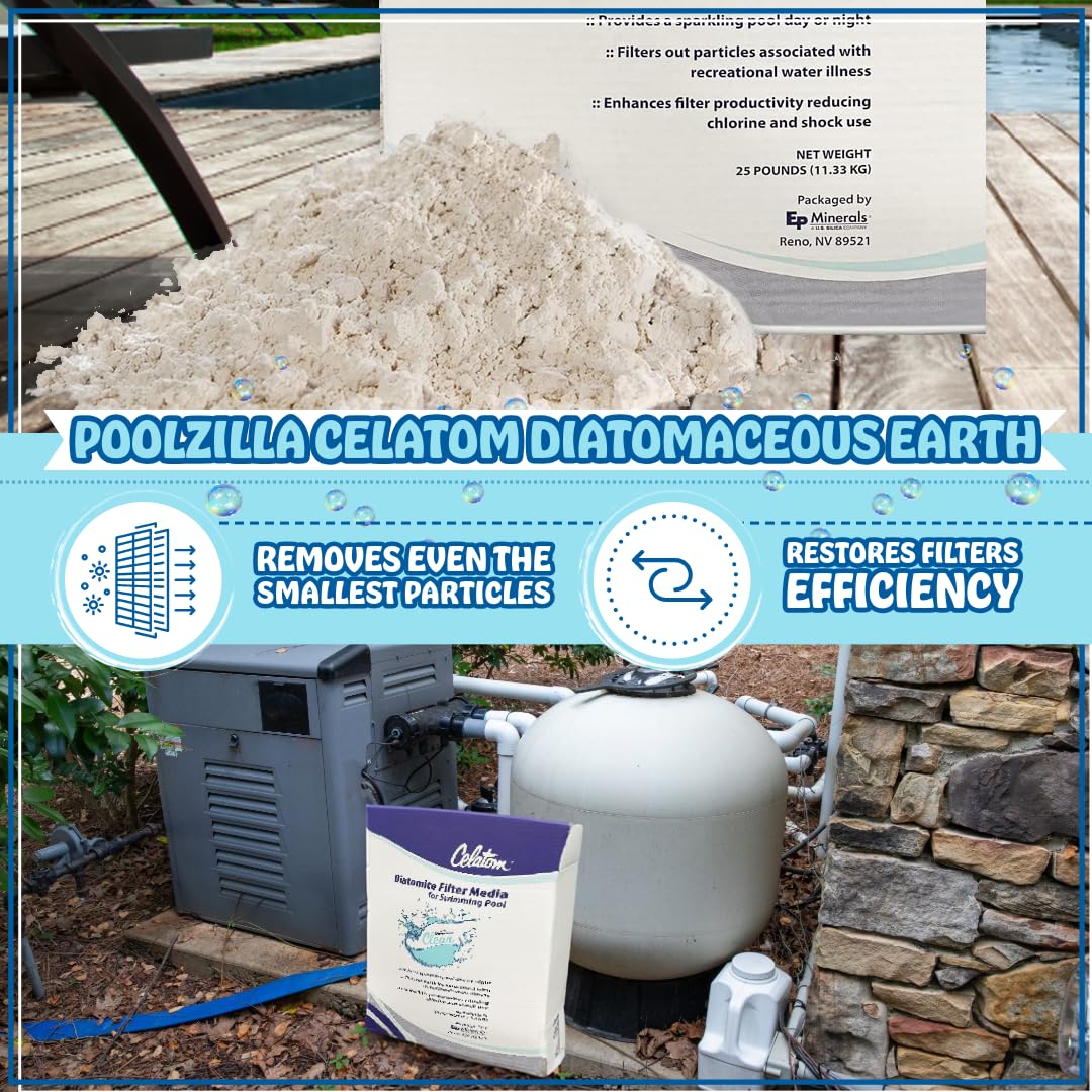 Poolzilla 25LB Celatom Diatomaceous Earth (DE) Pool Filter Aid, with Added DE Scooper