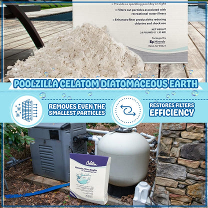 Poolzilla 25LB Celatom Diatomaceous Earth (DE) Pool Filter Aid, with Added DE Scooper