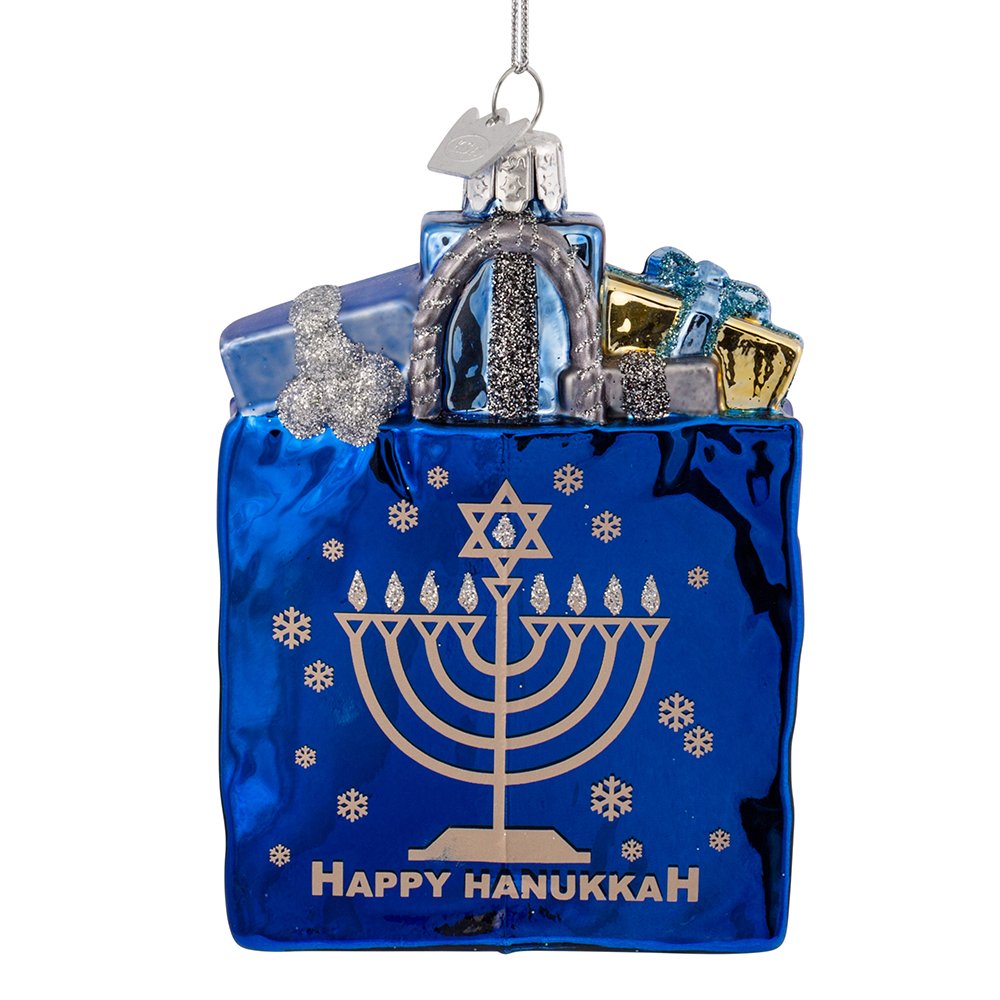 Kurt Adler 4" Noble Gems Happy Hanukkah Glass Gift Bag Ornament (NB1126)