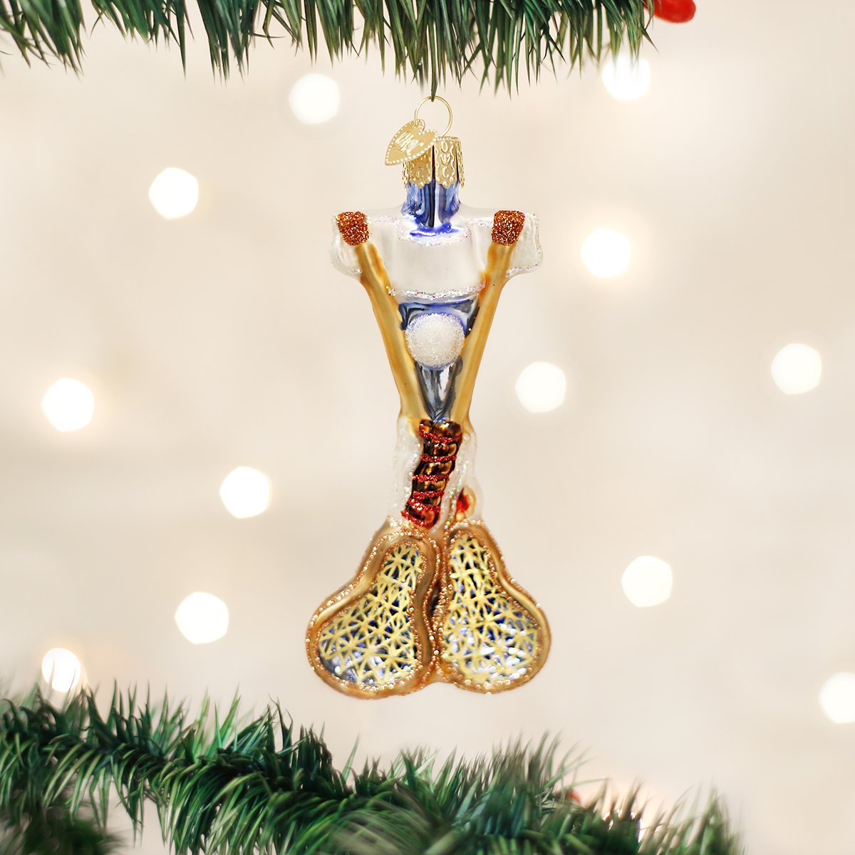 Old World Christmas Lacrosse Set Glass Blown Ornament for Christmas Tree, Handcrafted Holiday Decoration, Sport Collection
