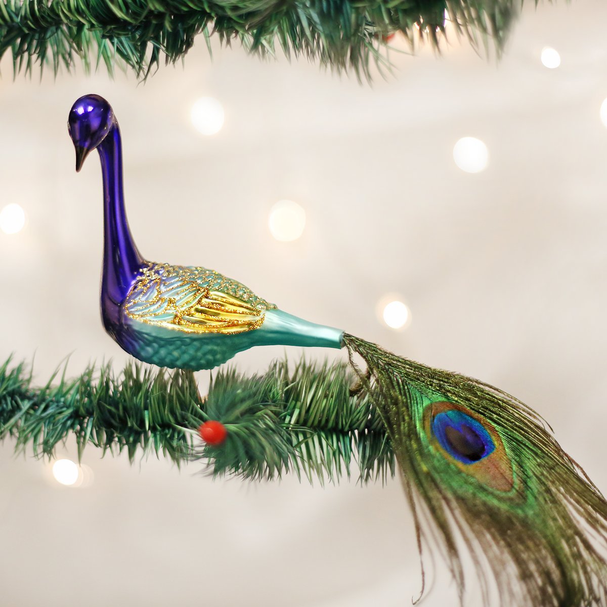 Old World Christmas Magnificent Peacock Glass Blown Ornament for Christmas Tree, Handcrafted Holiday Decoration, Bird Watcher Clip Collection