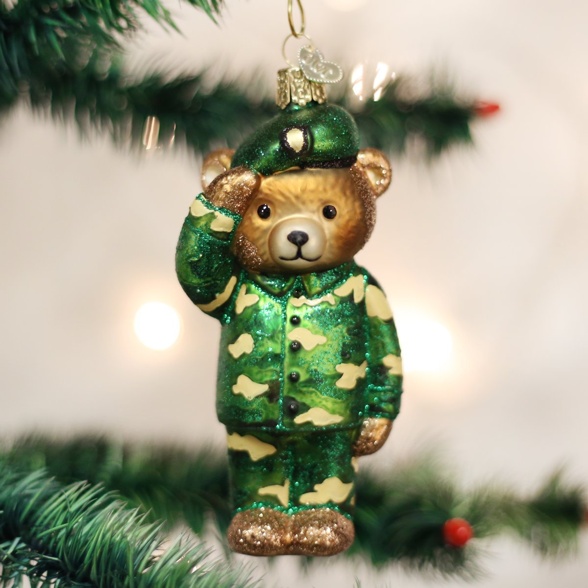 Old World Christmas Army Bear Glass Blown Ornament for Christmas Tree, Handcrafted Holiday Decoration, University Collection
