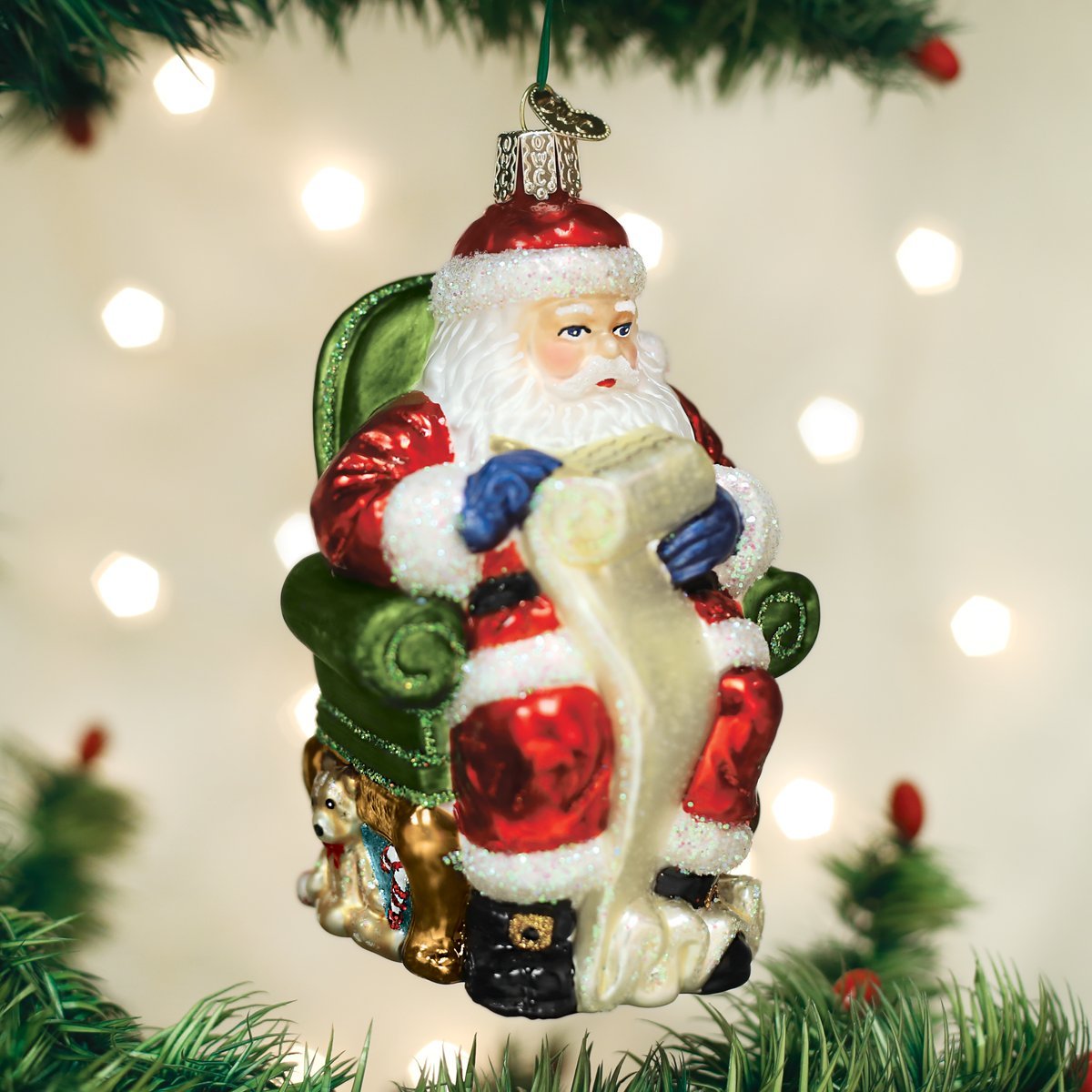 Old World Christmas Santa Checking His List Glass Blown Ornament for Christmas Tree, Handcrafted Holiday Decoration, Santa Collection