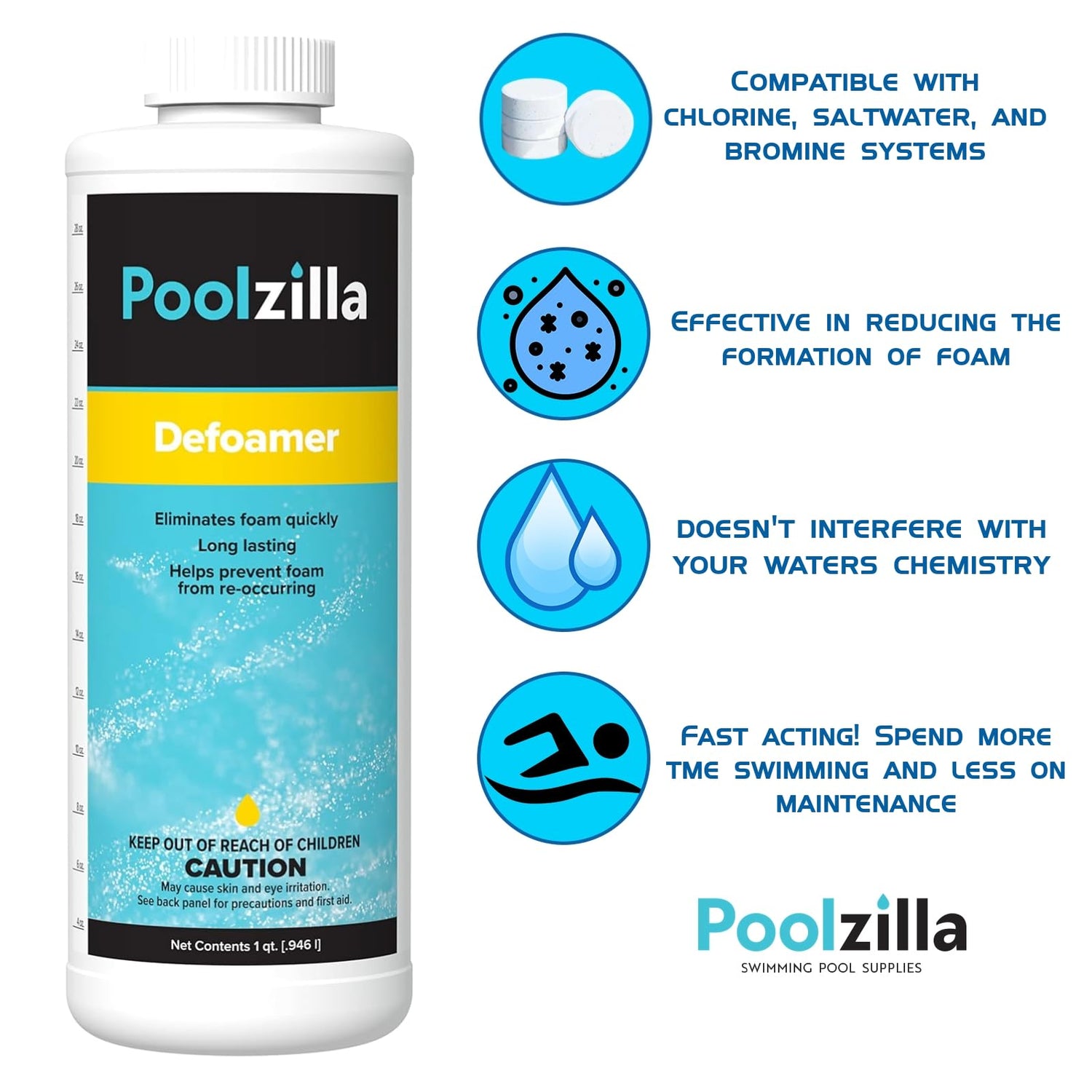 Poolzilla Pool Defoamer (1 QT) Eliminate Foam and Restore Water Clarity