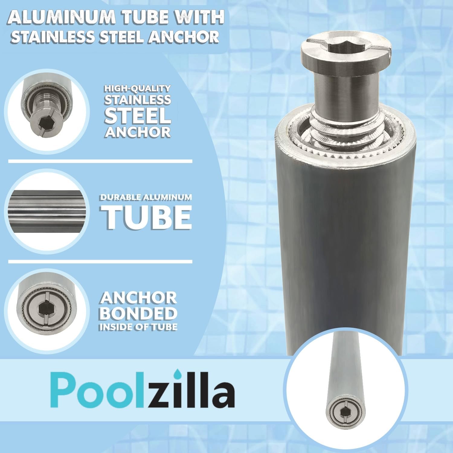 Poolzilla 18” Aluminum Tube with Stainless Steel Anchor for Pool Cover Installation