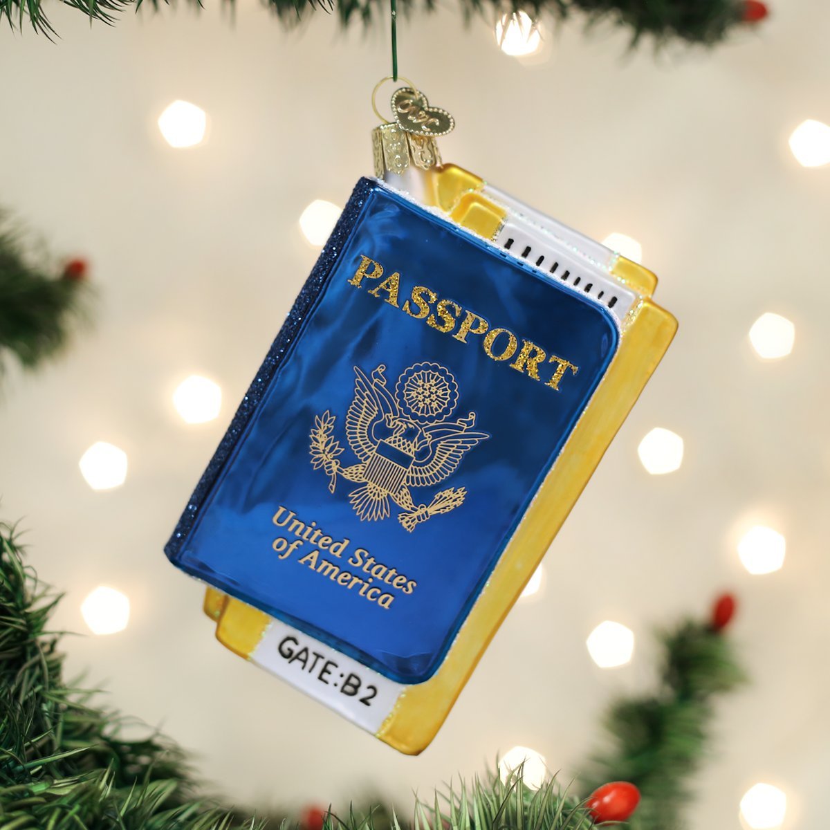 Old World Christmas Passport Glass Blown Ornament for Christmas Tree, Handcrafted Holiday Decoration, Travel Collection