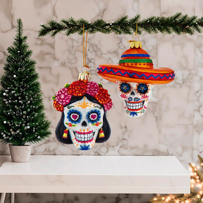 Kurt Adler 4-4.25-inch Noble Gems? Glass Day of The Dead Sugar Skull Ornament Set
