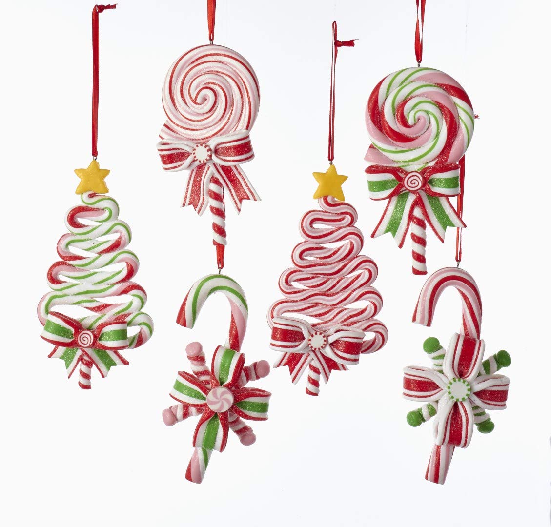 Kurt Adler T2033 Kurt Adlerpeppermint Candy Lollipop Ornament - 6 Assorted: 2 Each Christmas Tree, Candy Cane And Round Lollipop