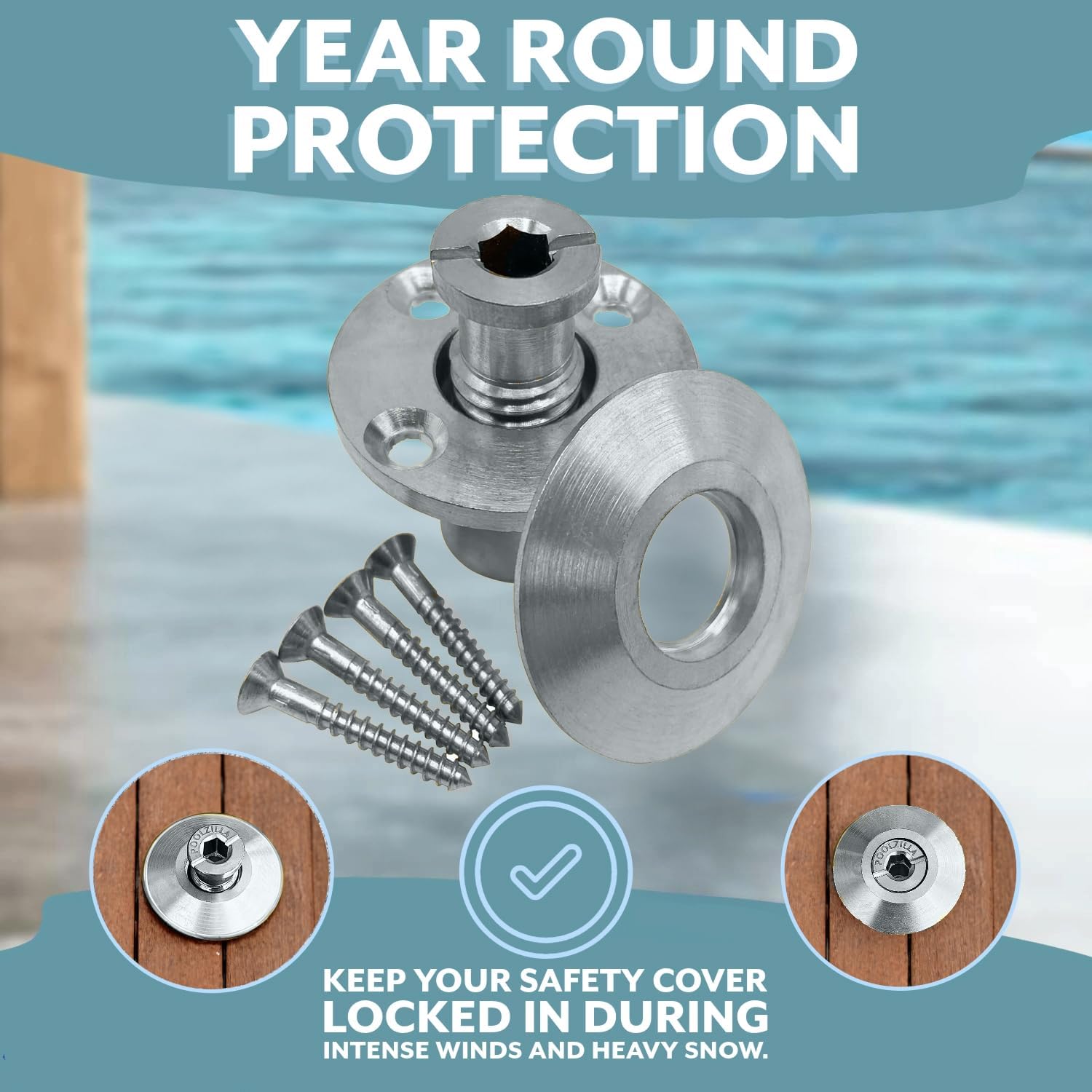 Poolzilla Stainless Steel Pool Safety Cover Anchor with Collar for Wood Decks