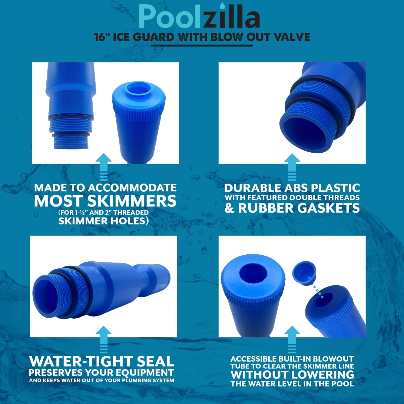 Poolzilla Skimmer Winterizing Plug, 16.5" Ice Guard, Compatible with  1½’’ and 2’’ Threaded Skimmers