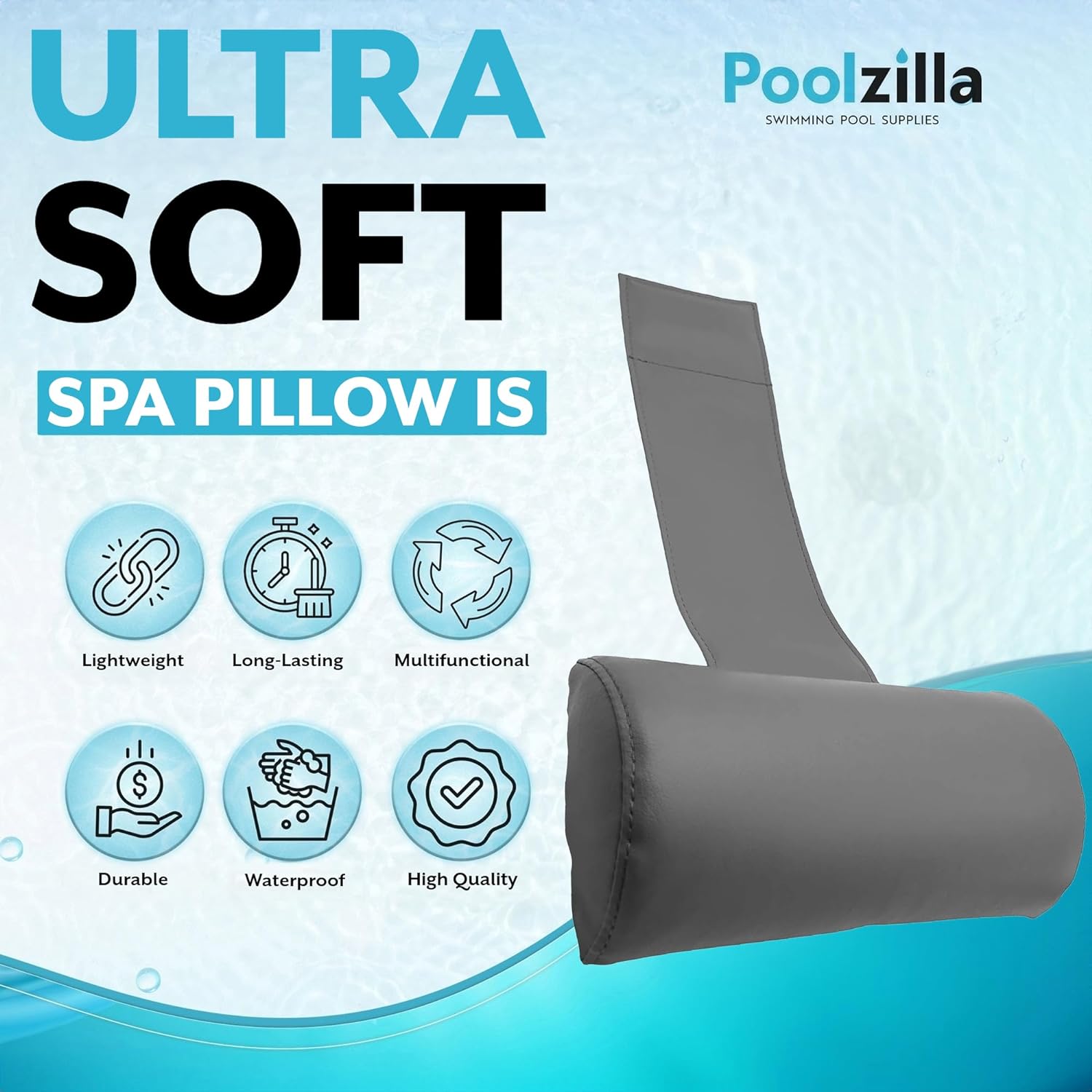 Poolzilla Grey Spa Pillow for Outdoor Hot Tubs