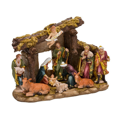 Kurt S. Adler Resin Stable- Kurt Adler Nativity Set with Figures, Brown, 10.38in, 11-Piece