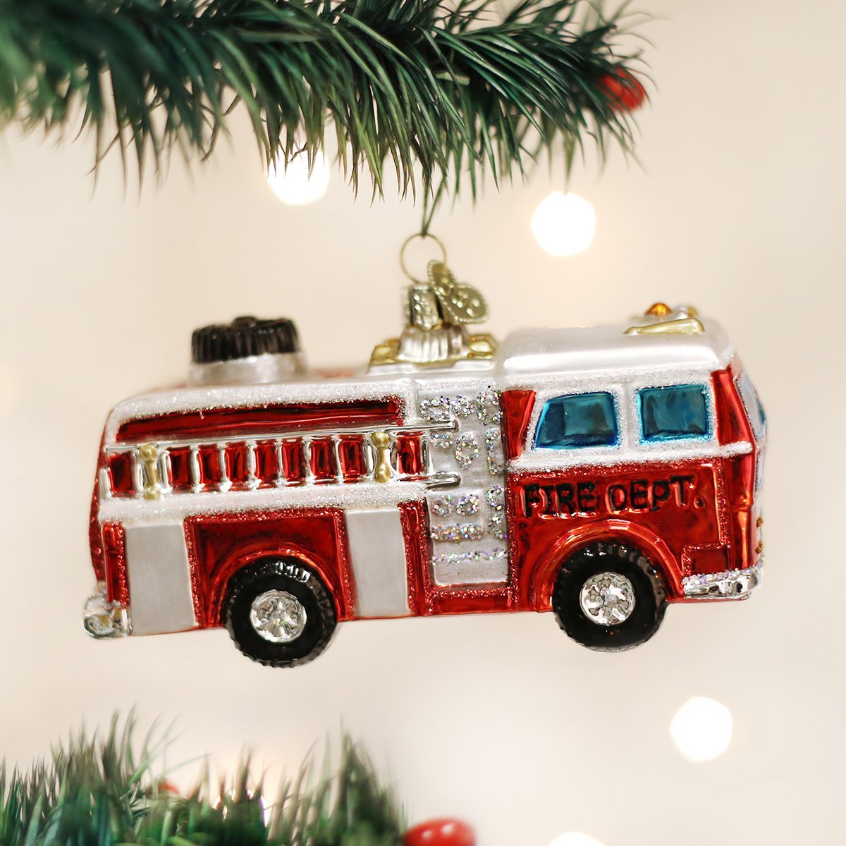Old World Christmas Fire Truck Glass Blown Ornament for Christmas Tree, Handcrafted Holiday Decoration, Firefighter Collection