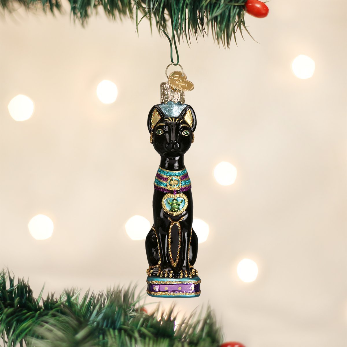Old World Christmas Egyptian Cat Glass Blown Ornament for Christmas Tree, Handcrafted Holiday Decoration, Cat Collection